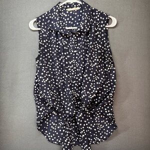 White and Blue Button Down‎ Blouse with Notched Collar